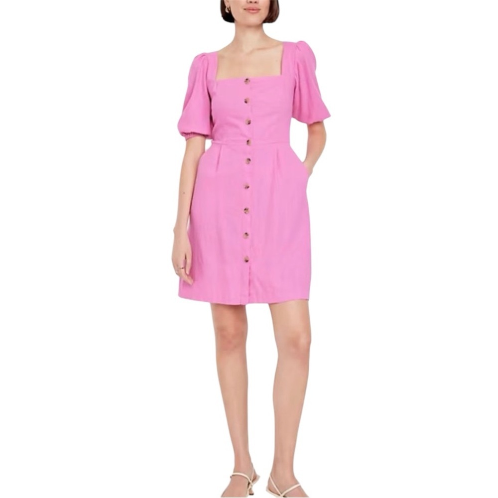 NWT Old Navy Hot Pink Button-Down Puff Sleeve Dress
